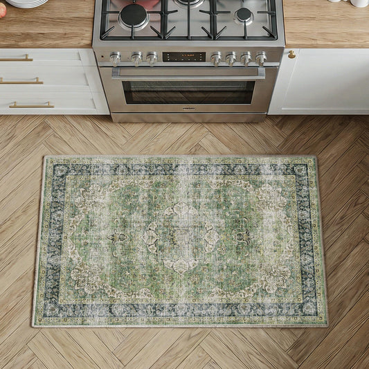 Entryway Rug 2x3 Green Washable Vintage Entryway Area Rug Distressed Oriental Neutral Non Slip Low Pile Door Mat Soft Retro Small Throw Thin Indoor Carpet for Entry Entrance Kitchen Bathroom Bedroom