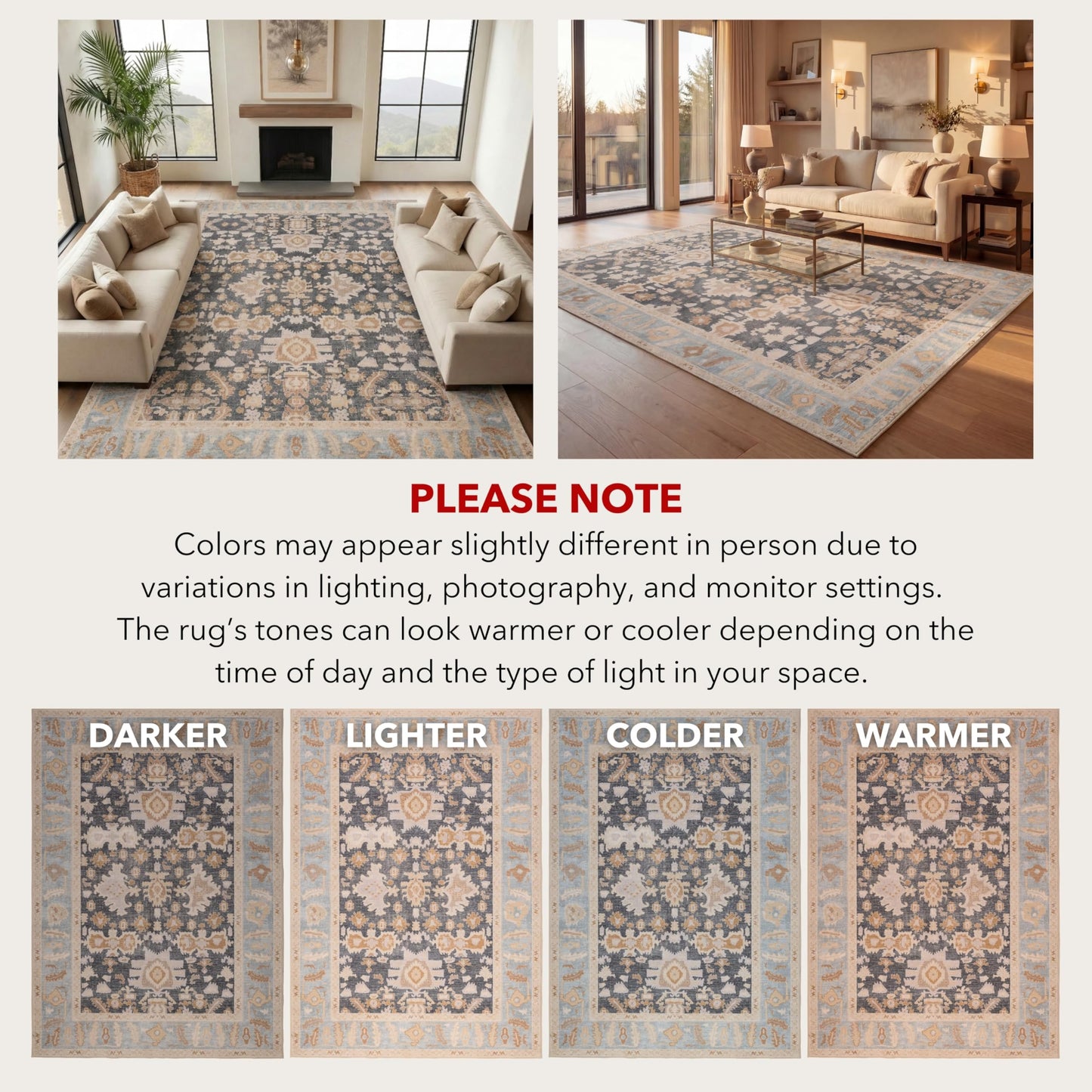 Kuden 6x9 Area Rug, Machine Washable Area Rug with Non-Slip Backing, Vintage Style, Soft, Easy Clean, Low Pile Rug for Living Room, Bedroom, Dining Room