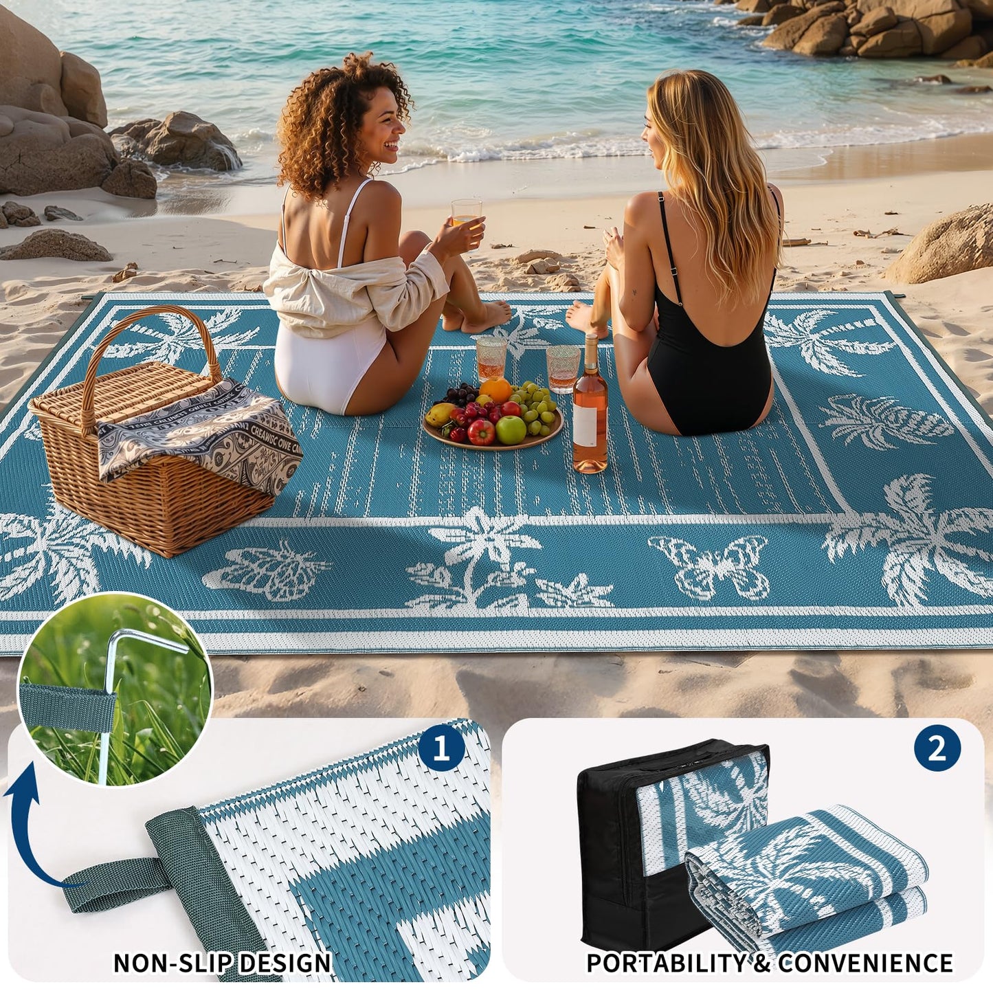 Garvee Outdoor Rug 5x8 Waterproof for Patios, Reversible Plastic Straw Rug, Tropical Leaf Indoor Outdoor Rugs, Large Area Rug for RV, Camping, Deck, Picnic Mat, Outside Carpet, Blue & White