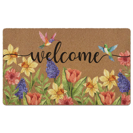 XLDLIOO Spring Door Mat, Colorful Floral Birds Doormats, Flower Welcome Front Door Mat Indoor Outdoor Entrance, Rustic Botanical Artificial Coir Doormat Rugs for Patio Entry Kitchen Decor 30x17in
