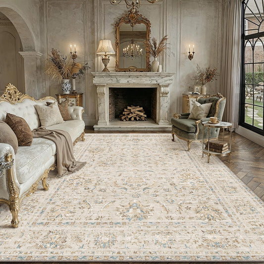 PureCozy Washable Beige 8X10 Area Rug for Living Room Bedroom Neutral Vintage Floral Large Rugs Non-Slip Soft Low Pile Carpet Stain Resistant Indoor Office Throw Rug for Dining Room Nursery