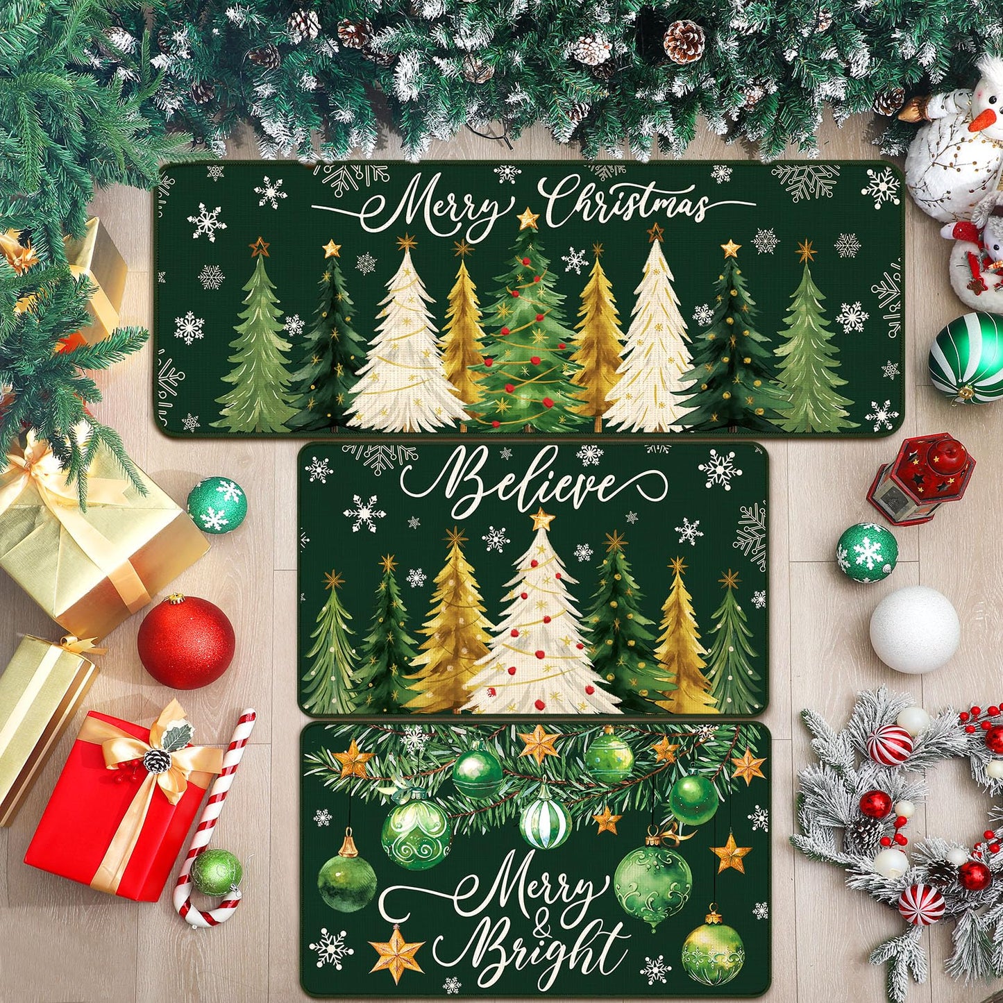 Drydiet 3 Pcs Green Christmas Kitchen Rug and Mat Set Xmas Tree Snowflakes Kitchen Floor Mat Waterproof Non Slip Farmhouse Merry Christmas Doormat Holiday Xmas Decor for Home Office Bathroom Decor