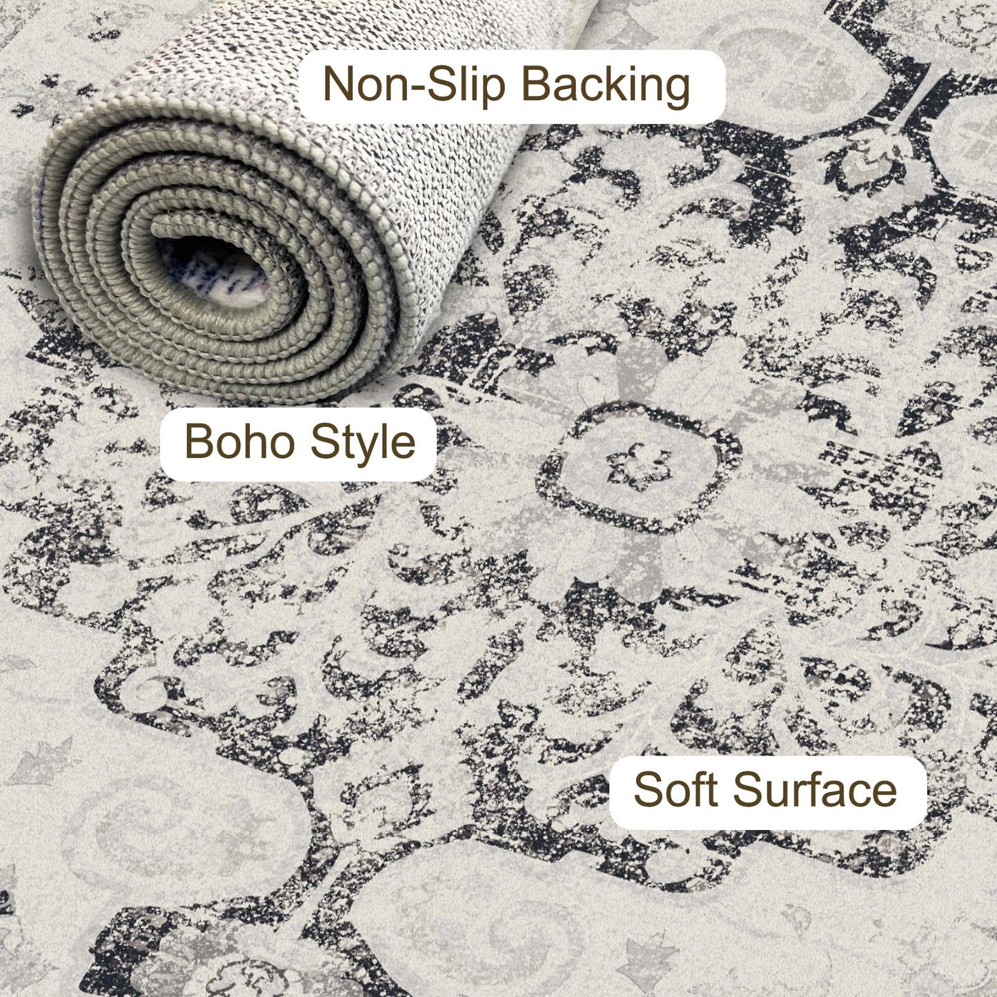 LOOMY Area Rug 8x10 Washable Rug Gray Vintage Traditional Mat Distressed Indoor Foldable Thin Retro Accent Floral Non Slip Carpet Living Room Dining Room Office