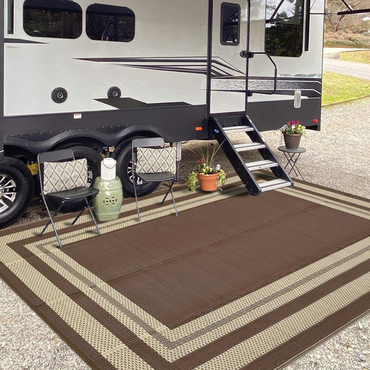 GAOMON Outdoor Rug 8x10 Area Rugs for Patio Waterproof Plastic Straw Rug Reversible Patio Rugs RV Camping Outdoor Carpet for Porch Patio Outside RV Deck Balcony Picnic Beach Decor Border-Brown/Beige