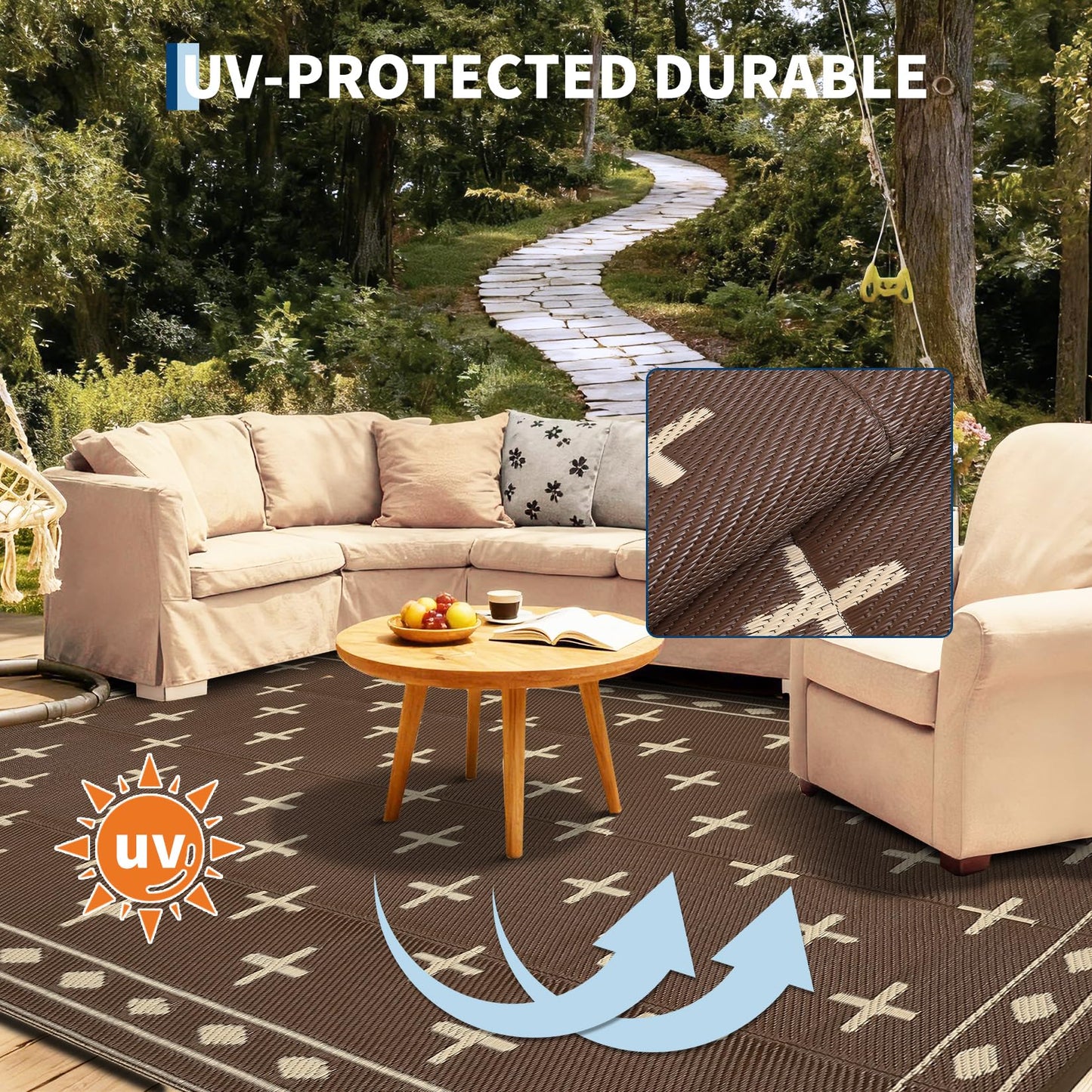 GarveeHome 8'x10' Outdoor Camping Rug – Waterproof, Sand-Free & Foldable – Portable RV Mat for Patio, Beach, Picnic – Reversible Plastic Floor Mat with Carry Bag, UV Resistant, Brown