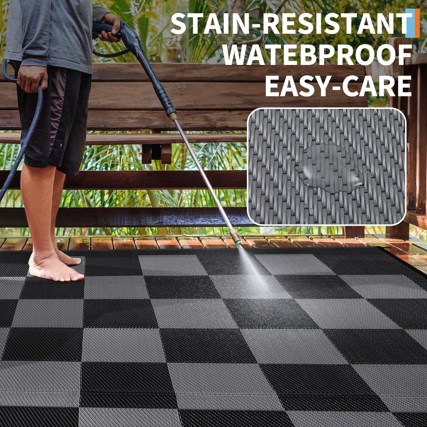 Outdoor Patio Rug 10x14 Large Waterproof Plastic Straw Camping Rug Reversible Stain Resistant Modern Checkered Carpet UV Resistant Foldable Mat for RV, Porch, Backyard, Black & Gray