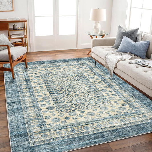 CHAMPLANT Washable Area Rug 4'x6' Vintage Traditional Floor Cover Foldable Thin Rugs Retro Kitchen Indoor Distressed Non Slip Carpet Floral Print Mat Bedroom Living Room