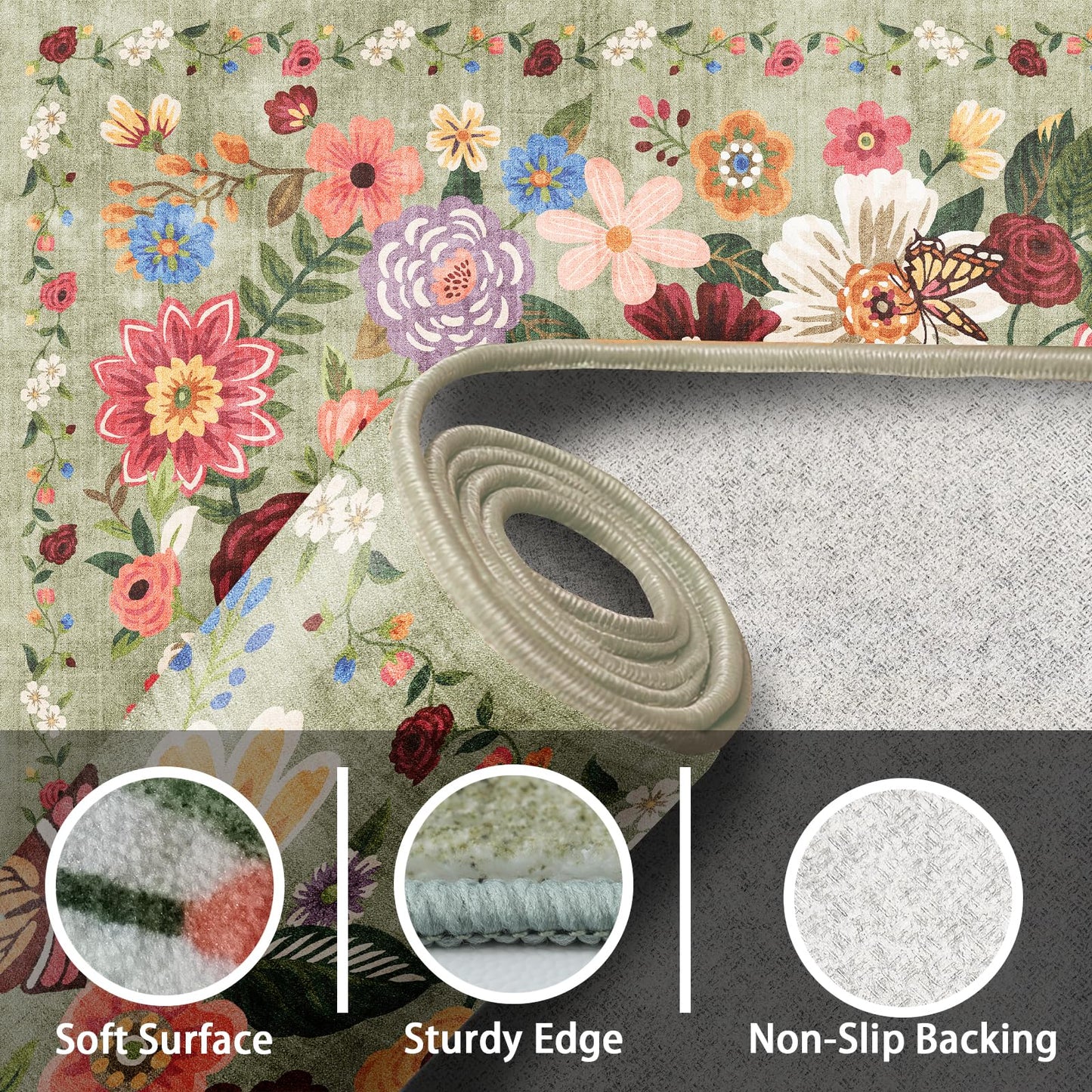 Floral Rug for Entryway, Green 2X3 Washable Kitchen Mat Ultra-Thin Soft, Non-Slip Indoor Door Carpet Stain Resistant Boho Small Low-Pile Throw for Bathroom Bedroom (Green Garden, 2 x 3)