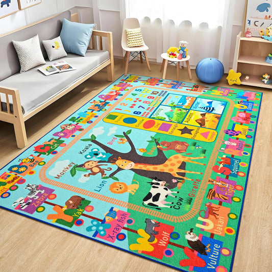 Zedrew Kids Rug for Playroom, 4x6 ABC Educational Carpet for Classroom, Fun Alphabet Area Rugs for Learn Numbers Season Animal Weather and Shapes Playmat for Girls Boys Room Nursery Decor