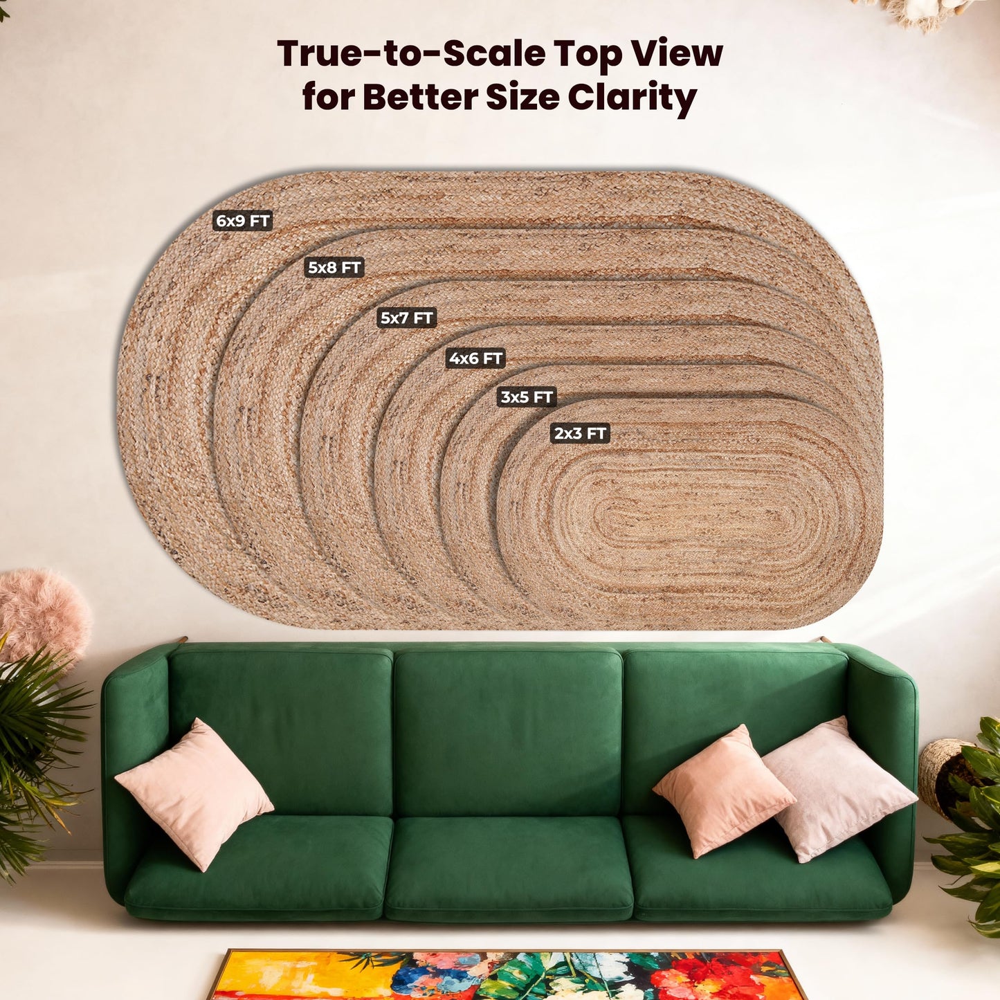 Craft Trade Oval Jute Area Rug, 3x5 Feet (36x60 Inch), Natural Braided Handwoven Floor Carpet, Reversible Oval Jute Rug for Entryway, Kitchen and Bedside