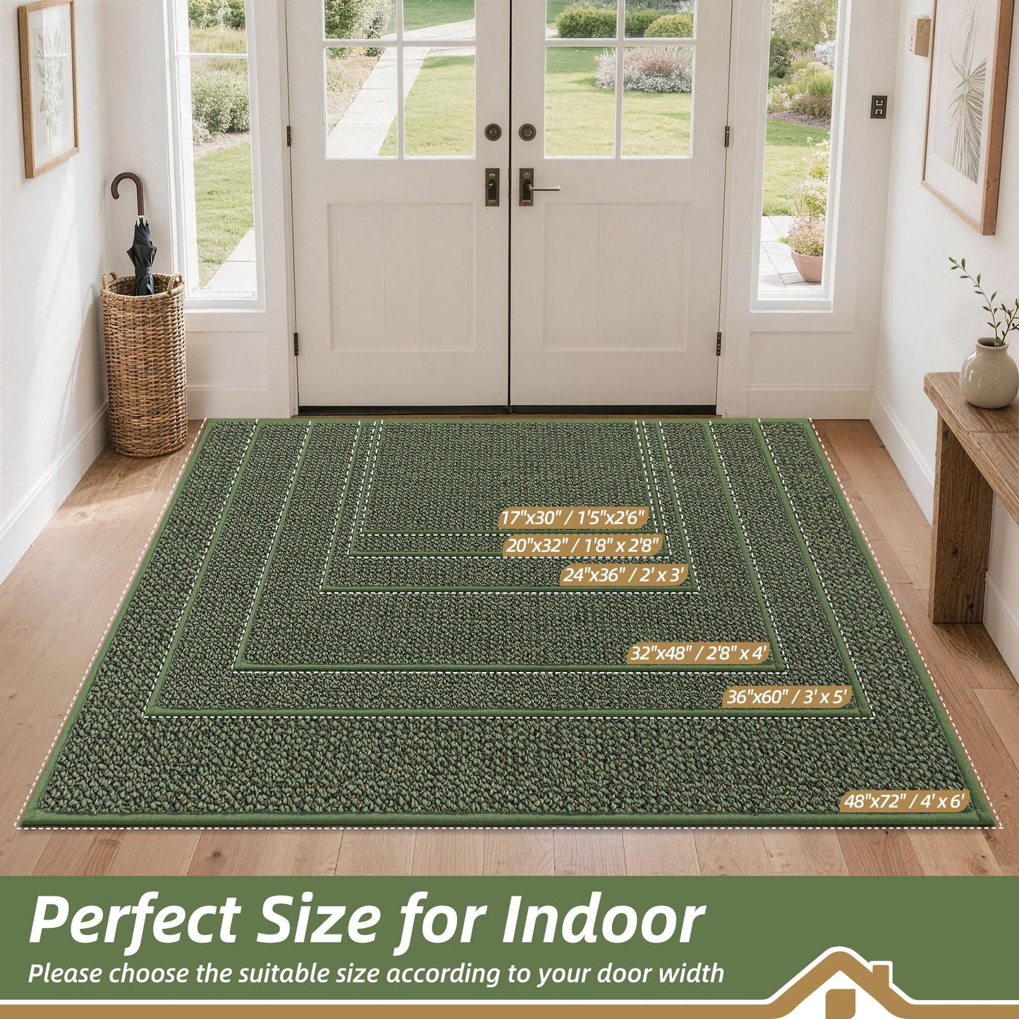 BEQHAUSE Dirt Trapper Door Mat 20" x 32", Non-Slip Washable Doormats Entrance Mat, Dirt Resistant and Absorbent Welcome Mat, Low Profile Floor Mats for Front Back Door and Entryway, Green
