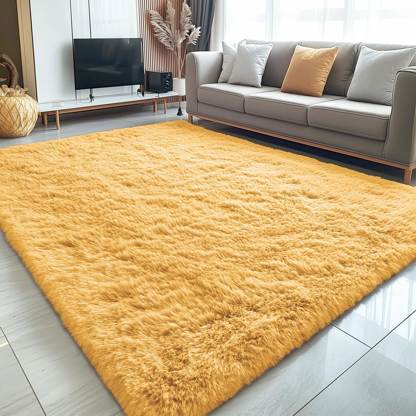 OLANLY 5x7 Machine Washable Large Area Rugs for Living Room, Bedroom, Soft Fluffy Shaggy Bedside Rug, Indoor Floor Carpet for Kids Girls and Boys, Dorms, Nursery, Home Decor Aesthetic, Mustard Yellow