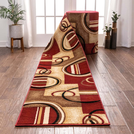 Well Woven Custom Size Hallway Stair Runner- Choose Length - Deco Rings Red Geometric Modern 26 Inch Wide x 25 Feet Long Runner (26" x 25') Abstract Color Block Carpet