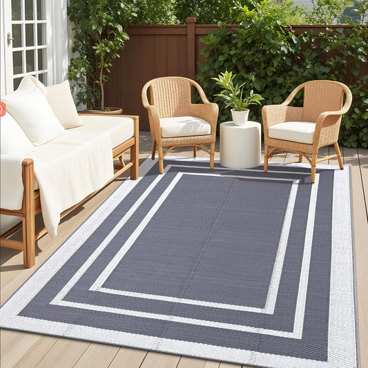 OLANLY Outdoor Rug 4x6 ft Waterproof, Reversible Outdoor Plastic Straw Rug, RV Mat, Indoor Outdoor Carpet Clearance for Patio, Camping, Balcony, Deck, Backyard, Grey & White