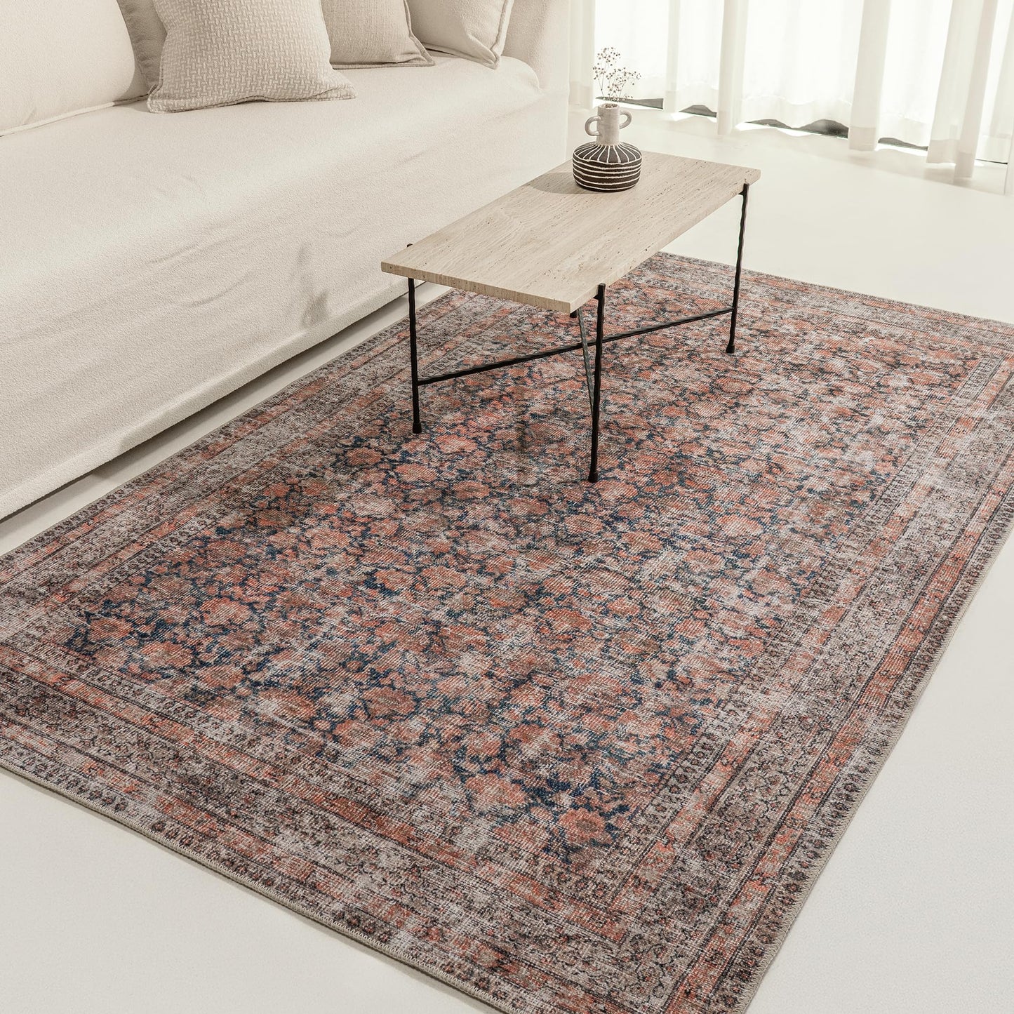 KNOTTING MATTERS Rustica 5’ x 8’ Area Rug – Clay Rose & Blue-Cast Graphite Heritage Flatweave, Low-Pile – Easy Clean Area Rug – Perfect for Living Room, Dining Room, Bedroom – Pet & Kid Friendly
