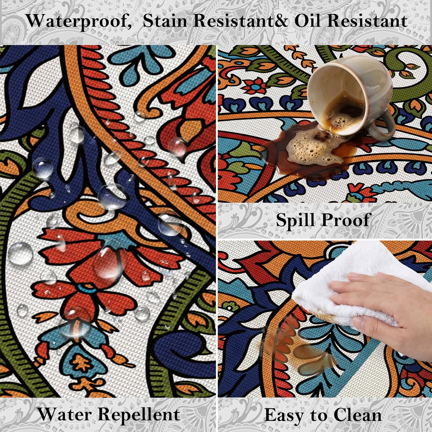 Arenarug Paisley Outdoor Rug Waterproof 5x8, UV Resistant Non Slip Patio Rug, Indoor Outdoor Boho Camping Rug Linen-Look RV Carpet for Deck Balcony Backyard, White Multi