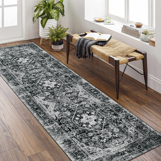 MUJOO Black Runner Rug,Washable 2x8 Runner Rugs for Hallway Kitchen Bedside Bathroom,Boho Area Rug Carpet Runner Long Non Slip Throw Rug Modern Soft Black and White Floral