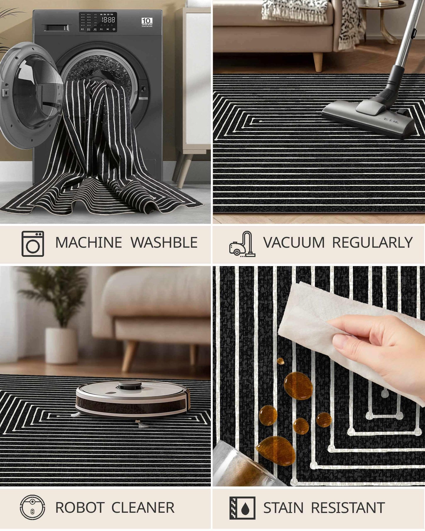 Latte&Fog 5x7 Area Rugs for Living Room Bedroom, Modern Abstract Washable Rug, Boho Non Slip Low Pile Carpet for Indoor Dining Room, Office, Dorm, Classroom, Farmhouse and Kids Room - Indigo Black