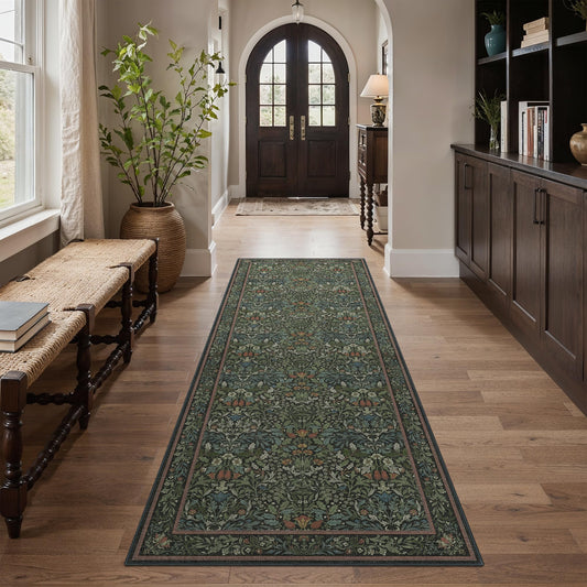 GENIMO Floral Washable Runner Rug 2’6”x8’, Non-Slip Long Hallway Rug for Entryway, Kitchen, Indoor Floor Use, Vintage Boho Soft Thin Rug Décor, Dark Green
