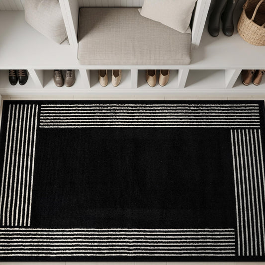 Rugshop Modern Minimal Bordered Indoor Area Rug for Entryway,Bedroom,Kitchen Rug Low Pile Rug with Jute Backing 4' x 6' Black