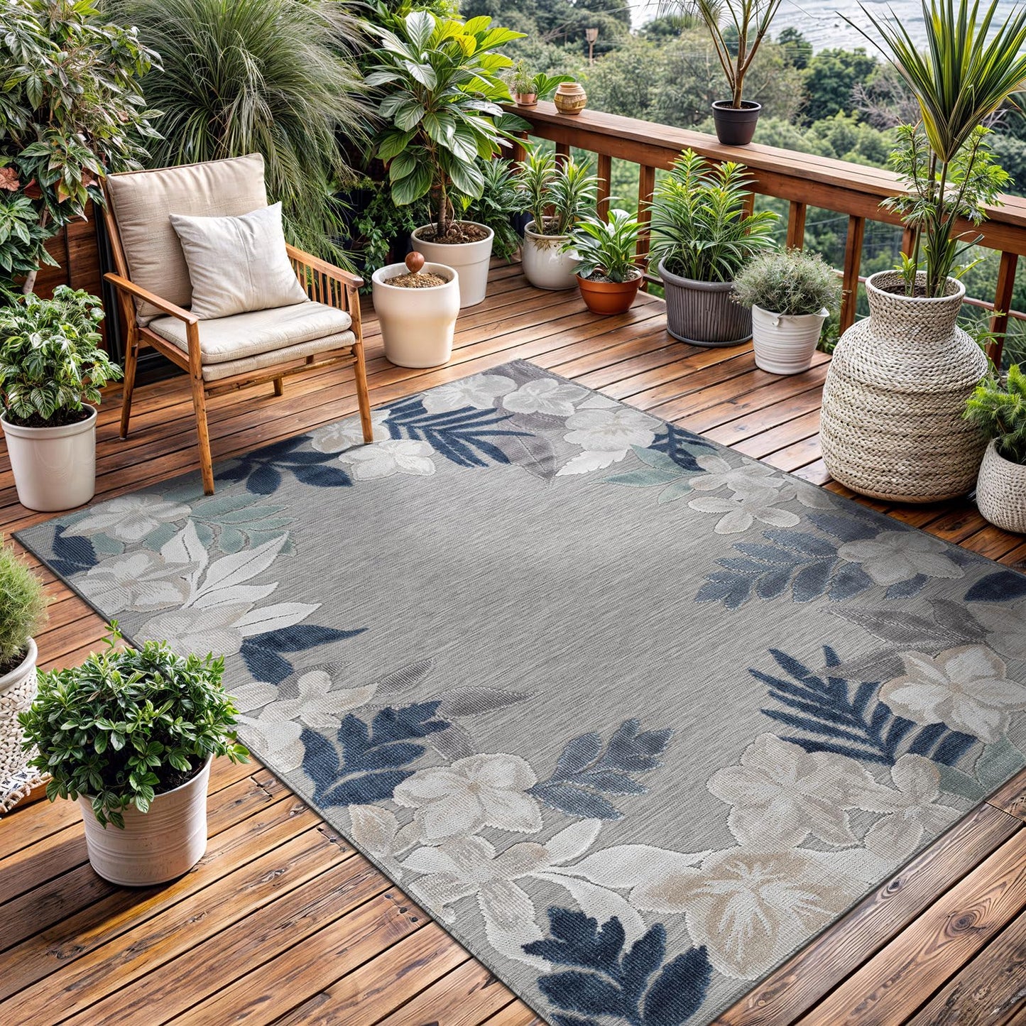 Outdoor Rug 5x7 Washable Area Rugs Indoor Outdoor Carpets Blue Border Floral Non Shedding Waterproof Easy Clean Patio Deck Porch Living Room Bedroom Garden RV (5 X 7 Blue)