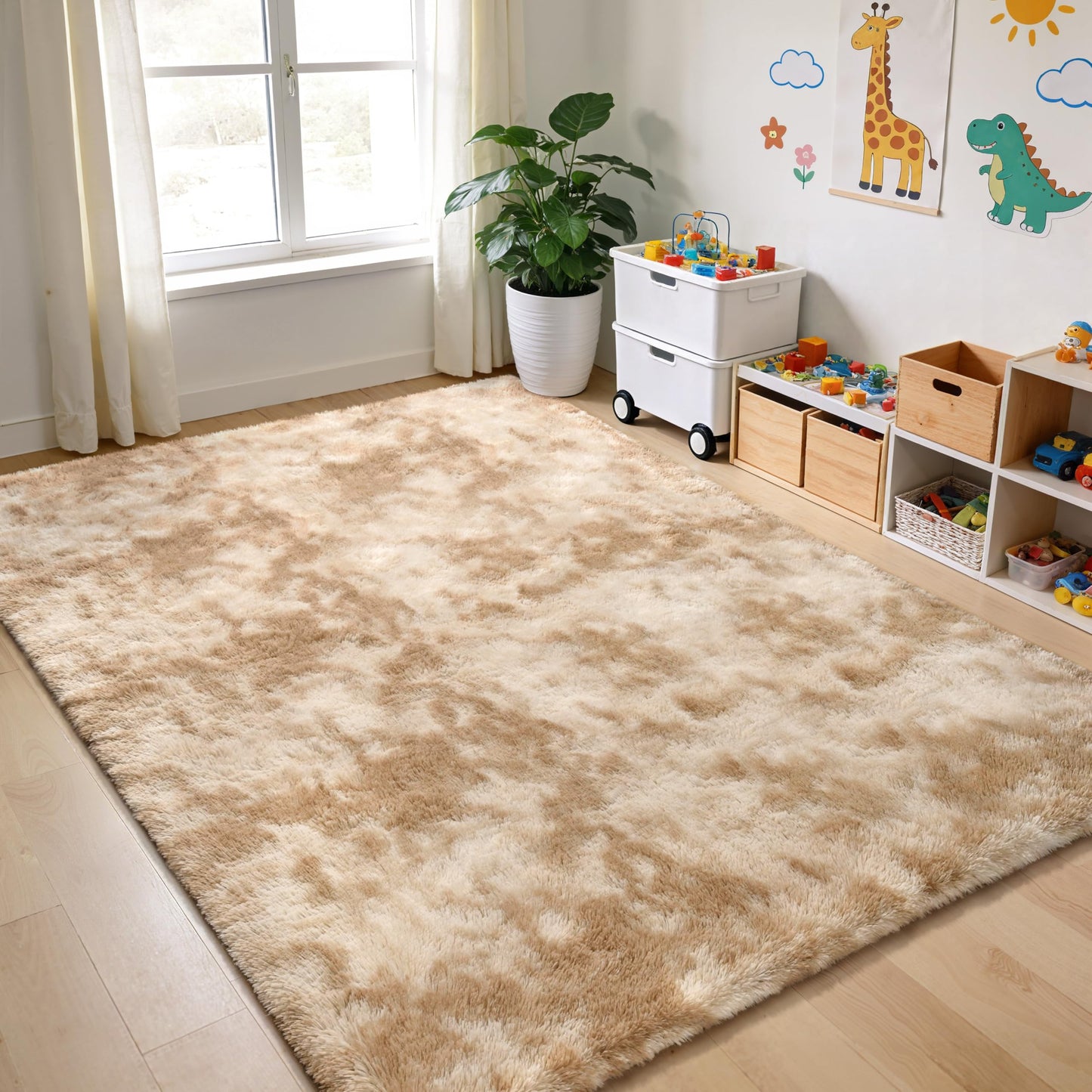 KIXINWA Rug for Bedroom, 4x6 Area Rug for Living Room, Fluffy Carpet for Kids Nursery Dorm Room, Soft Shag Non Slip Floor Rugs, Home Décor Carpet, Machine Washable, Tie-Dyed Camel