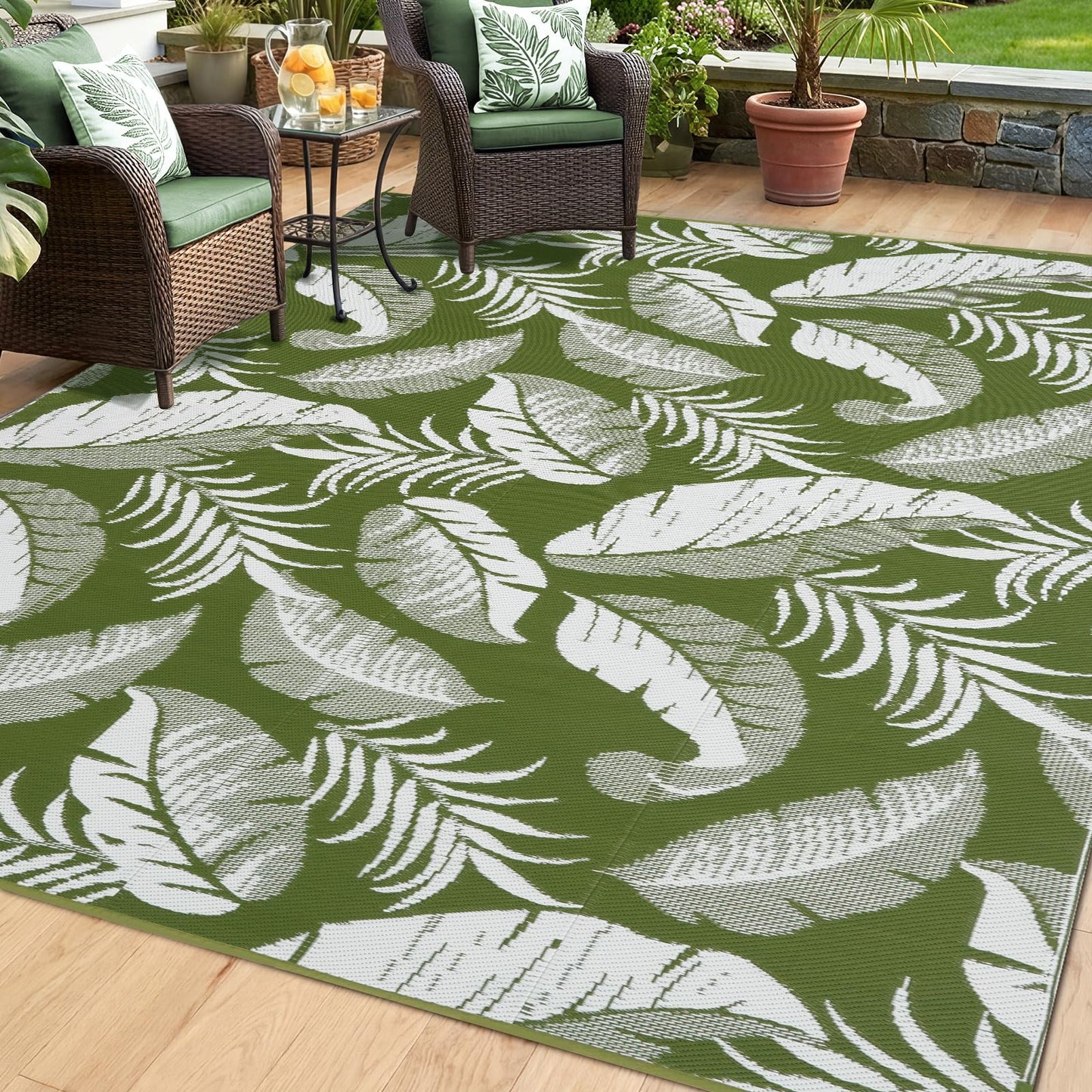 OPPODREAM Reversible Outdoor Rug 5x7, Waterproof Outdoor Plastic Straw Rug for Patio, Tropical Leaf RV Camping Rugs for Outside, Deck, Balcony, Porch, Backyard, Camping, Rv, Green and White