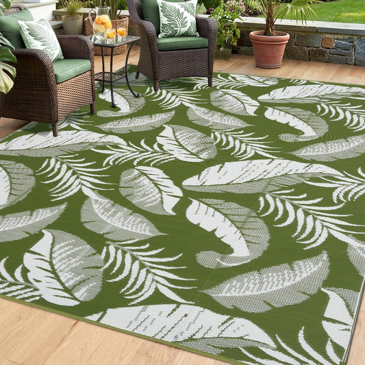 OPPODREAM Reversible Outdoor Rug 5x7, Waterproof Outdoor Plastic Straw Rug for Patio, Tropical Leaf RV Camping Rugs for Outside, Deck, Balcony, Porch, Backyard, Camping, Rv, Green and White