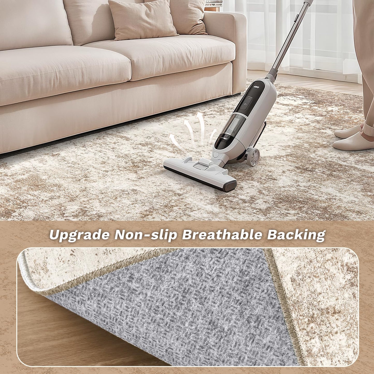 Micgeek Area Rug Living Room - 9X12 Abstract Washable Large Soft Foldable Non Slip Rug Neutral Modern Low Pile Carpet for Bedroom Nursery Dining Room Farmhouse Home Office Indoor - Brown