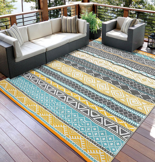 Garvee Outdoor Rug 9x18 Waterproo Large Outdoor Camping Rug Reversible Rv Patio Mats Black Gray Outdoor Plastic Straw Outdoor Rugs Clean Easily Large Patio Mat for RV, Deck, Camping, Yellow + Gray