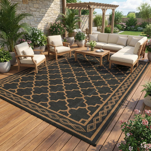 GarveeHome Outdoor Rug 9x12 Waterproof Rug for Patio Clearance Large Plastic Straw Mat Camping Carpet Reversible Plastic Outdoor Rug for RV, Patio, Backyard, Deck, Picnic, Beach, Trailer, Brown/Black