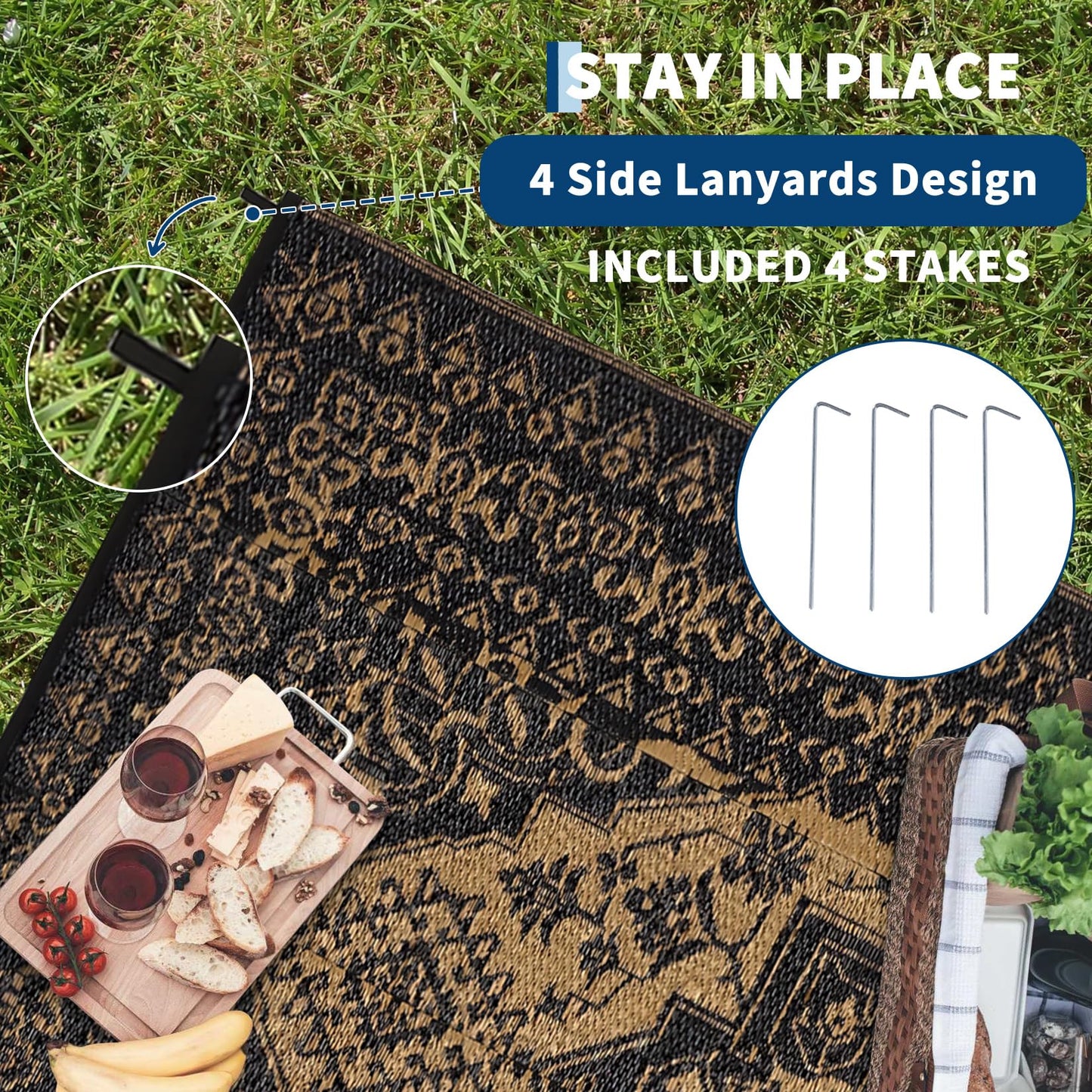 Garvee Outdoor Patio Rug 9x12 Waterproof Reversible Mat Medallion Outdoor Plastic Straw Rug with 4 Stakes and Starage Bag Portable Area Rug for Camping Porch Deck Rv Balcony Backyard Beach, Brown