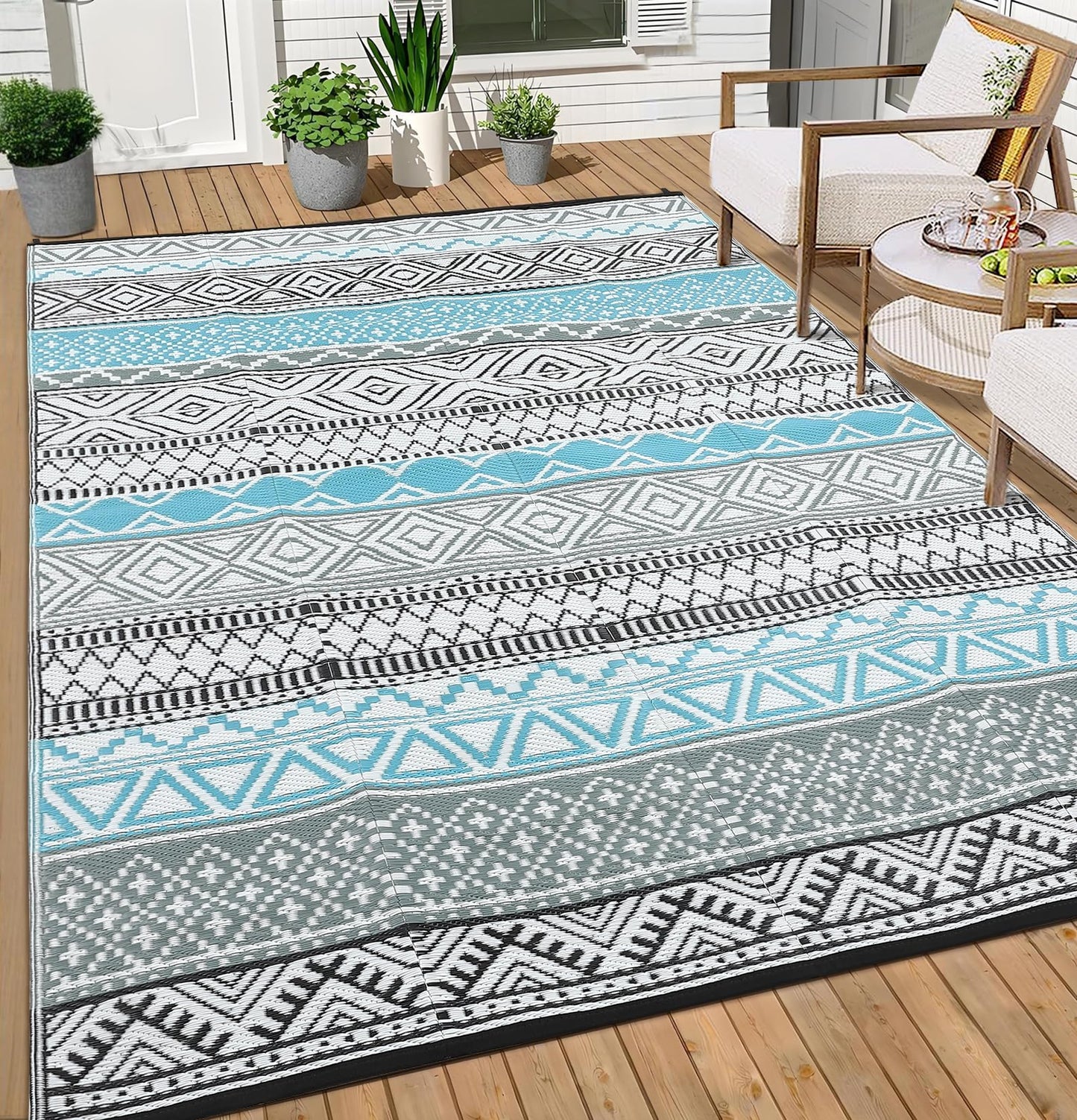 GlowSol Outdoor Rugs 9x12 Waterproof Portable Camping Carpet, Reversible Outdoor Plastic Straw Rug for Patio, RV Mat Bohemian Outdoor Rugs for Porch, Deck, Backyard, Balcony, Picnic,Blue/Grey