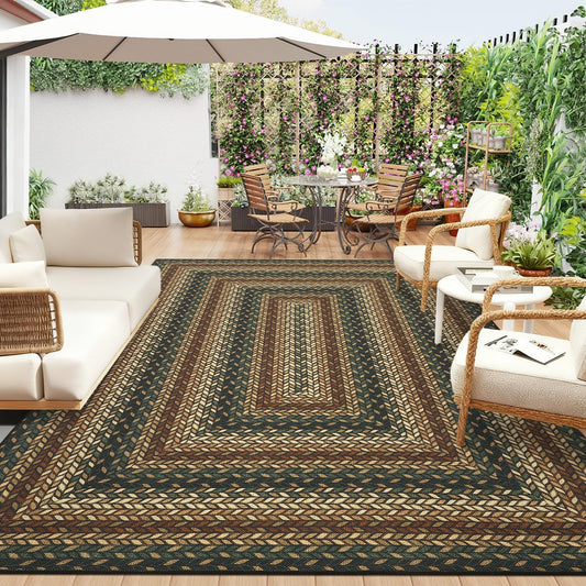 8x10 Washable Living Room Area Rug Non Slip Braided Outdoor Patio Rugs Low Pile Stain Resistant Dining Room Throw Carpet Indoor Outdoor Modern Bordered Area Rugs for Home Decor, Rust/Black