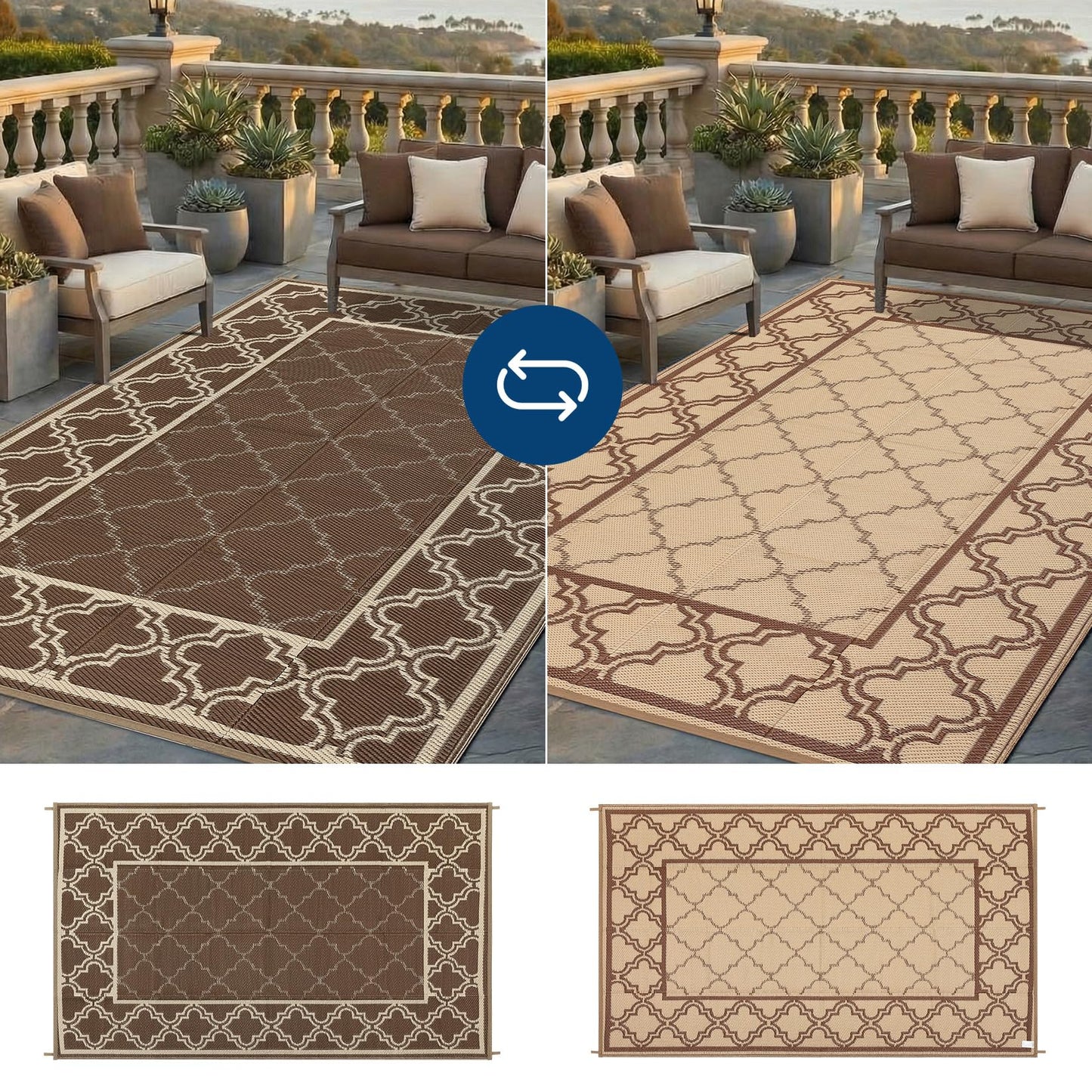Garvee Reversible Outdoor Rug 5x8, Waterproof Outdoor Plastic Straw Rug with Interlacing Pattern, RV Mat for Picnics, Patio, Camping, Balcony, Deck, Backyard, Porch, Brown