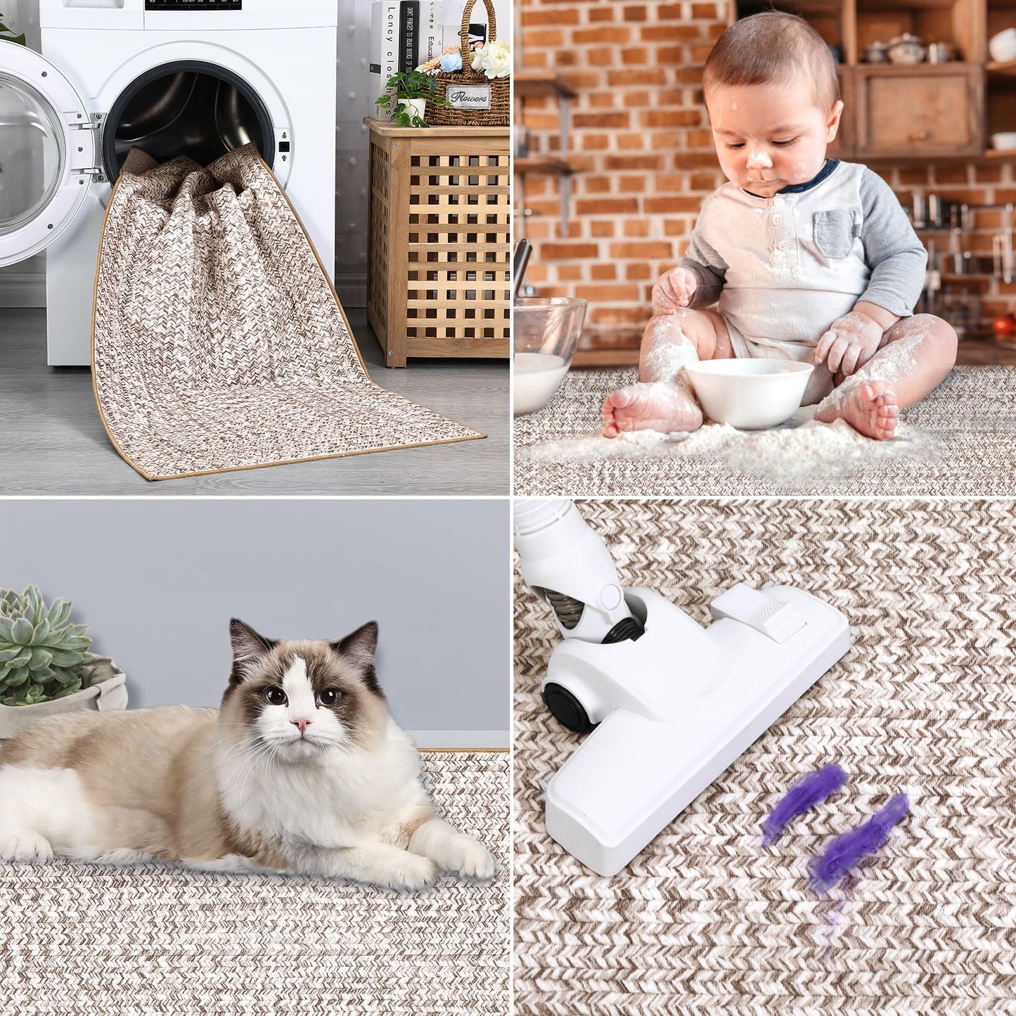 ROYHOME 9x12 Area Rug Large Machine Washable Rug for Living Room Print Braided Accent Rug Stain Resistant Non-Slip Carpet Farmhouse Solid Printed Textured Floor Cover for Home Decor, Beige/Grey