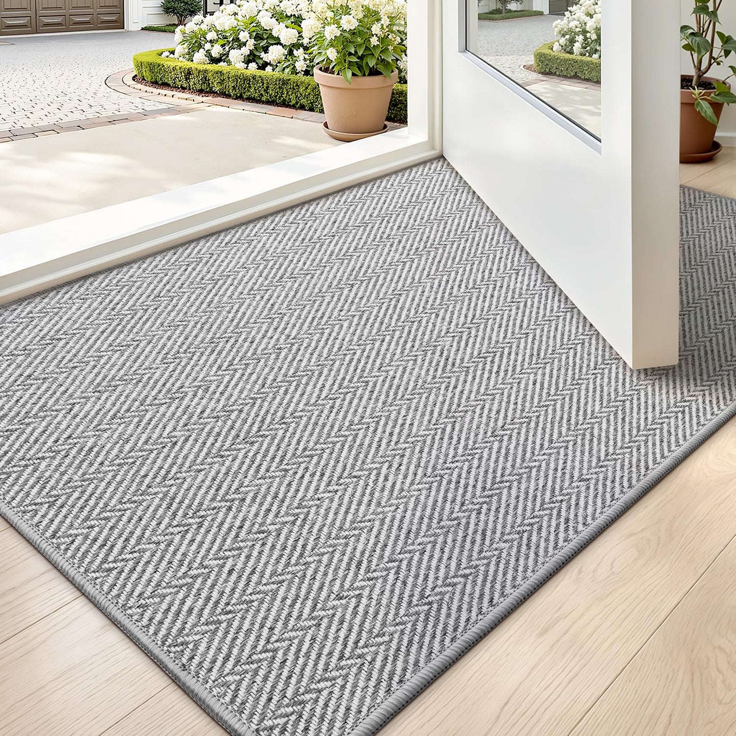 LUMI Ultra Thin Indoor Door Mat for Entrance 24"x36", Non Slip Entryway Mat, Low Profile Doormat, Unique Herringbone Design Carpet for Inside, Patio, Porch, Gray