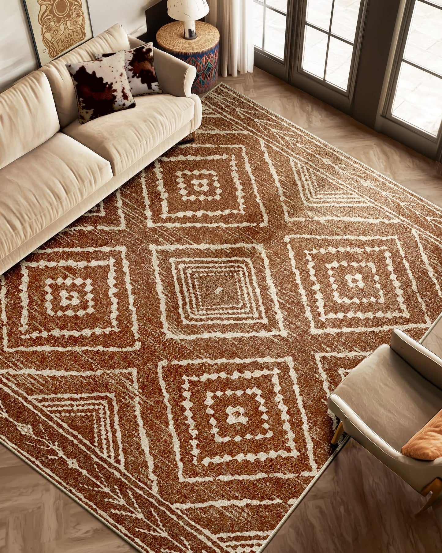 BESTSWEETIE Area Rug 5x7 Rug Machine Washable Non-Slip Low Pile Print Pattern Western Rug for Living Room Bedroom Entryway Tribal Series -Yellowbrown/Cream
