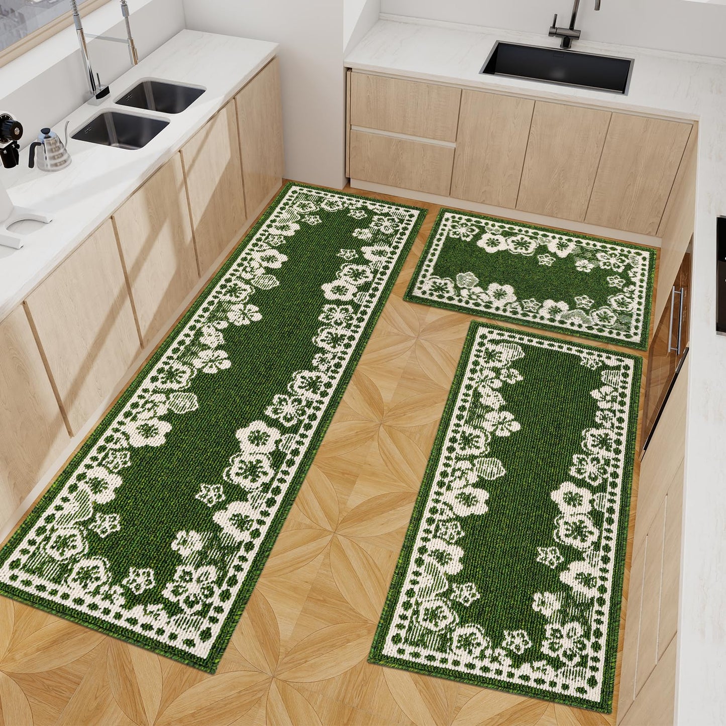 Kitchen Rugs Set of 3, Japanese Cherry Blossom Kitchen Mats for Floor Nylon TPR Non-Slip Washable Sink & Standing Mats Absorbent Resist Dirt Kitchen Runner Floral Rug (Green, 20"x59"+20"x47"+20"x32")