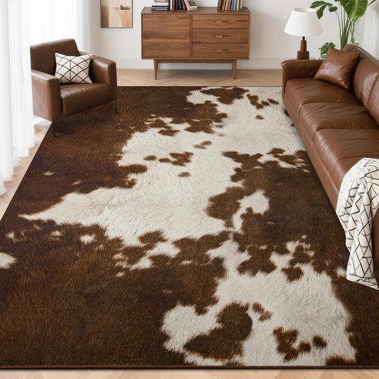 Foxmas Area Rugs for Living Room, 5x7 Feet Cow Print Washable Rug, Non-Slip Low Pile Indoor Floor Cowhide Animal Rug, Carpet for Bedroom Dining Room Laundry Room Western Kitchen Home Office