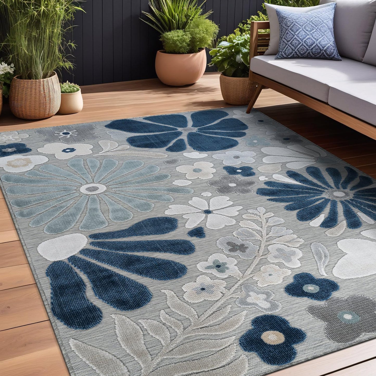 Beverly Rug Outdoor Rug 5x7 Modern Floral Tropical Area Rugs for Outdoor and Indoor Patio Easy to Clean Non Shedding Living Room Porch Garden Washable Outside Carpet (5 x 7 Blue)