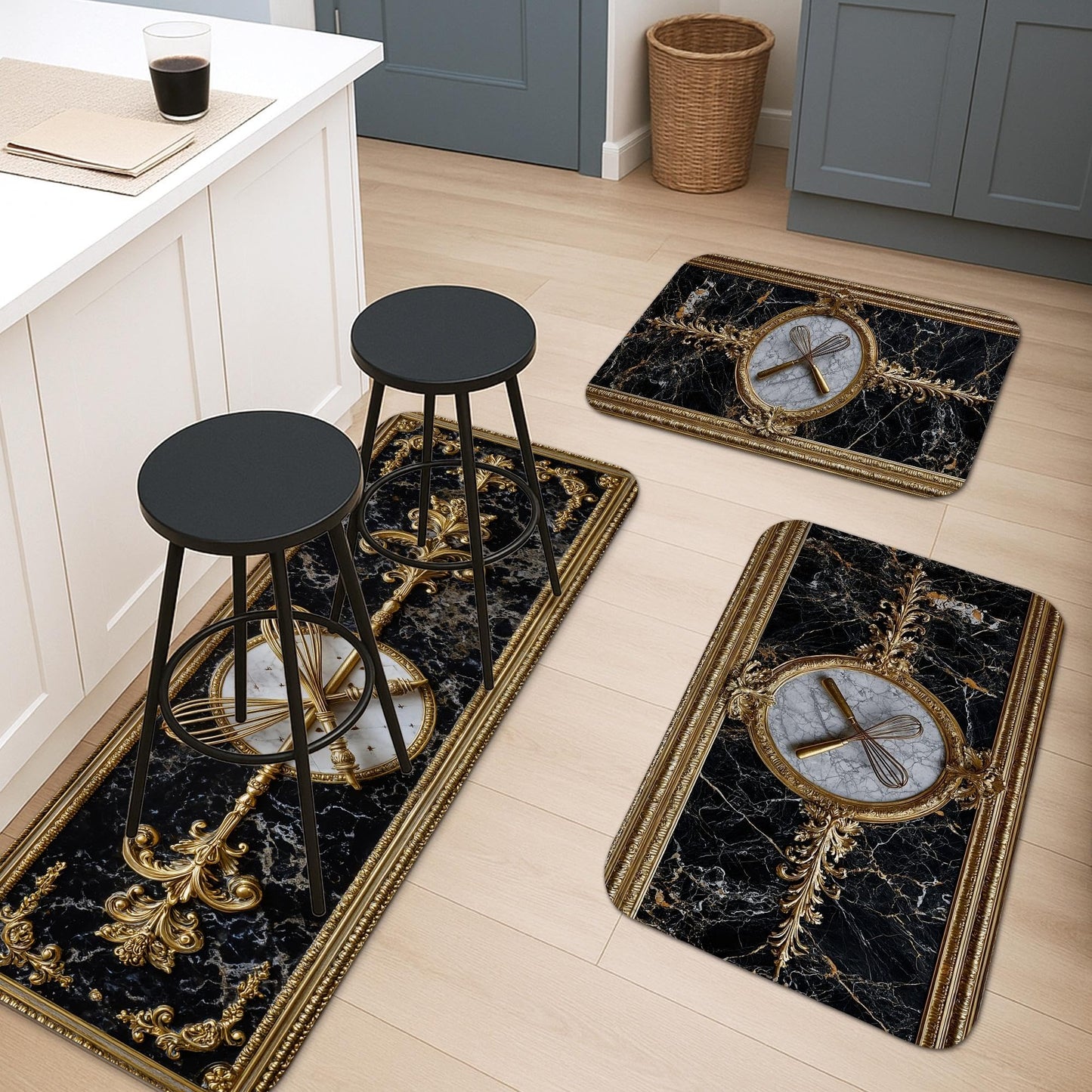 Elegant Kitchen Mats for Floor, Black Marble and Gold Ornate Design Soft Cushioned Non Slip Decor Rugs for Kitchen Sink and Laundry Room 3Pcs