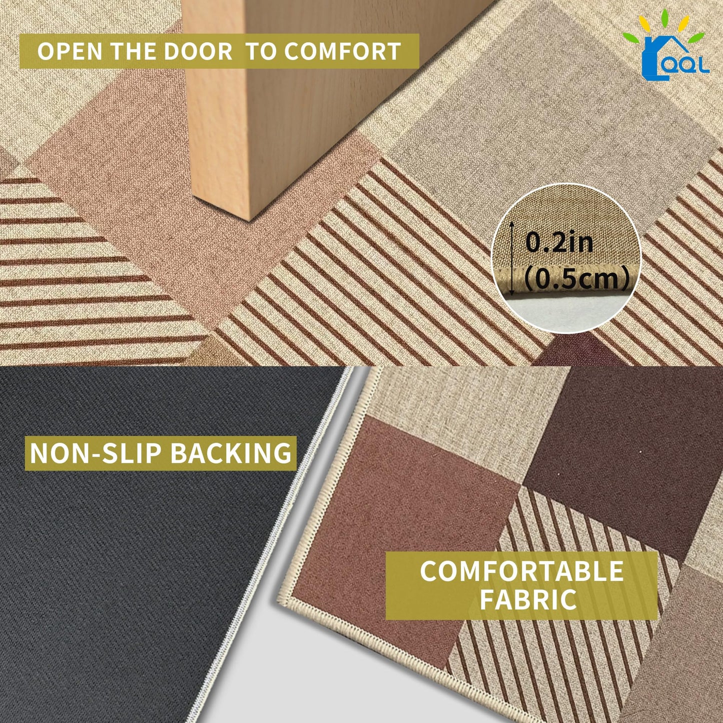 QQL 17"x30" Ultra Thin Front Door Mat, Non-Slip Rubber Backing, Dirt Trapper Doormat, Easy Clean Entryway Rug, Square Grid, RV Tent Entrance Mat