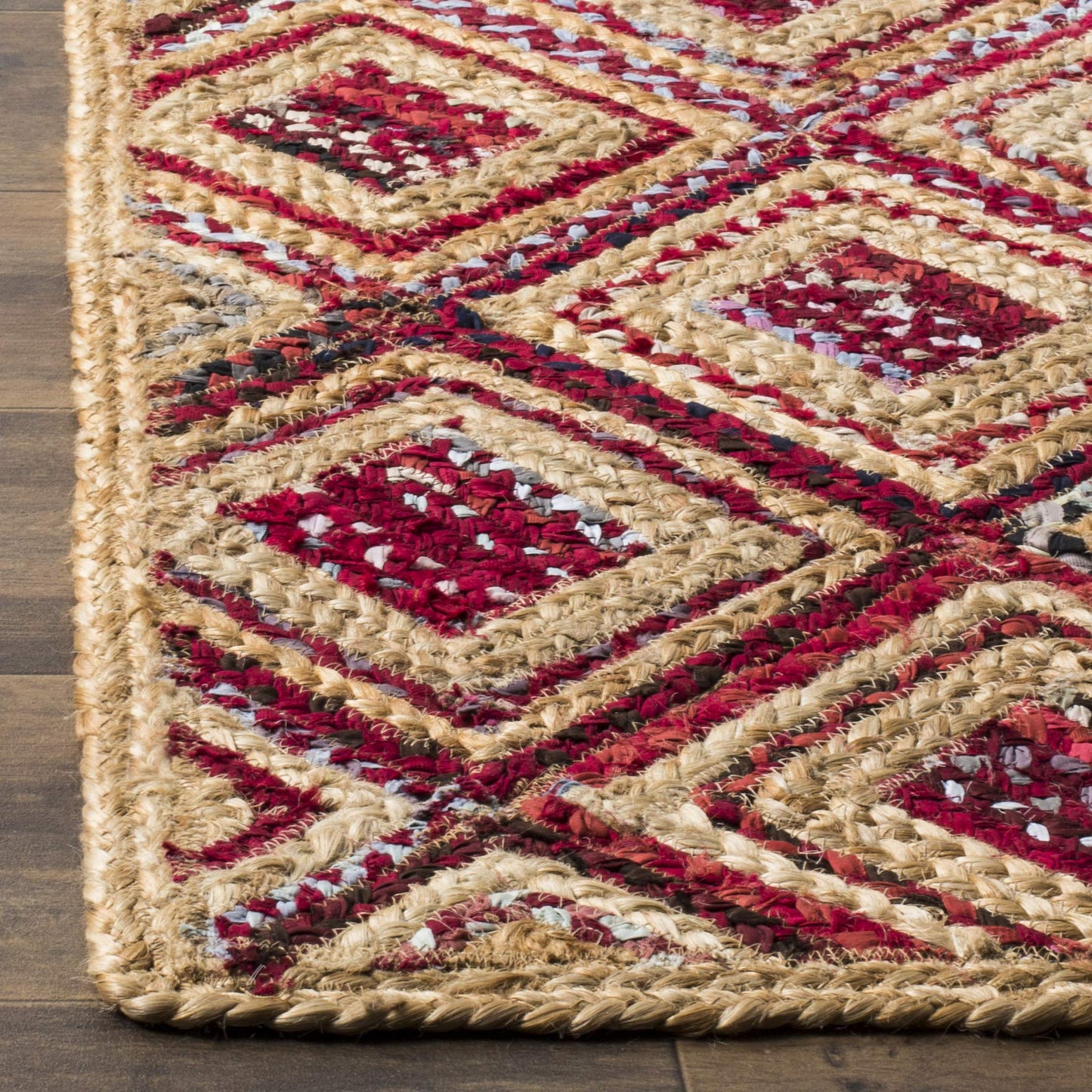 SAFAVIEH Area Rug 8x10 - Cape Cod Collection - Large - Natural & Red, Handmade Flat Weave Braided Jute & Denim, Ideal for Living Room, Bedroom, Office, Dining Space (CAP354B)