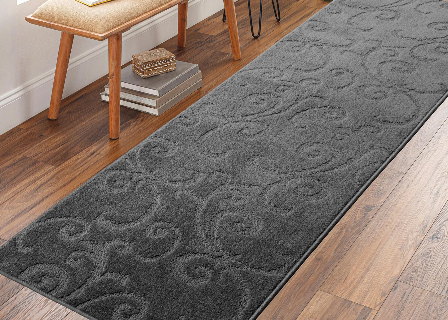 8 Ft Long Non-Slip Washable Carpet Runner Rug with Rubber Backing, 31" X 8' Custom Floor Mat for Kitchen Hallway Stairs Bedroom Bathroom Entryway, Your Choice of Length, Scroll Anthracite Dark Grey