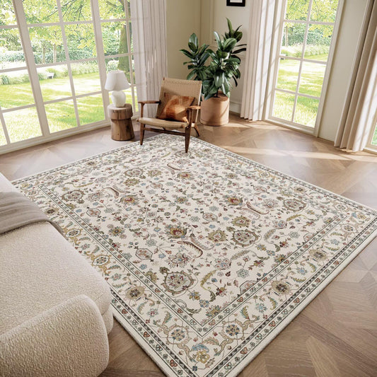 Hedwior Washable 5x7 Area Rugs for Living Room, Boho Non-Slip Vintage Rugs for Bedroom Dining Room Nursery Office, 0.3" Neutral Oriental Throw Thin Carpet with Cushioning Pad, Beige/Rust/Multi, B1