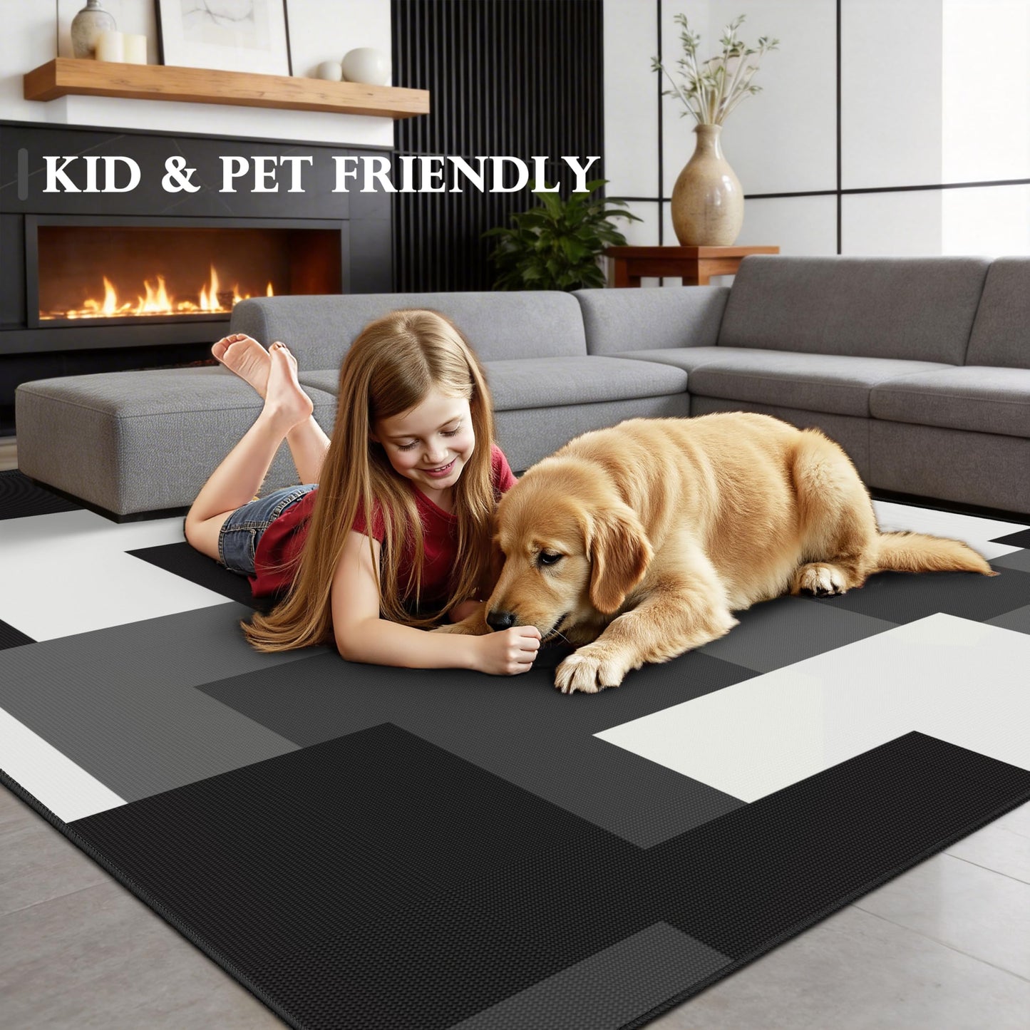 Tyrot Modern Geometric 8x10 Area Rugs for Living Room Ultra Thin Linen-Look Abstract Indoor Rug Non Slip & Non-Shedding Washable Black and White Grey Rug for Bedroom, Dining Room Home Office