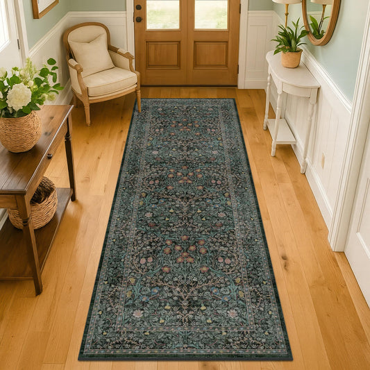 8ft Long Runners for Hallways Non Slip, 2'6" x 8' Floor Runner for Kitchen, Entryway Indoor, Washable Rubber Backing Stain Resistant - Vintage Floral Dark Green & Black Wide Décor