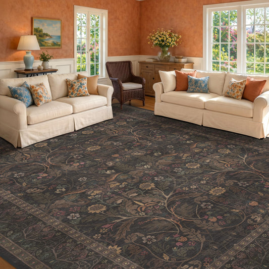 Washable 8x10 Area Rugs for Living Room, Black and Brown Rug for Bedroom Dining Room, Moody Dark Floral Farmhouse Western Style Decor, Large Gold Southwest Non Slip Low Pile Soft Carpet (Dark Brown)