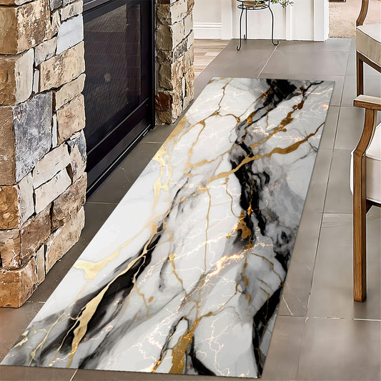 White Marble Runner Rug,2x6ft, Black Gray Gold Texture Design Long Kitchen Mats Rug, Light Luxury Modern Abstract Art Entrance Marble Rugs, for Indoor Floor Non-Slip Laundry Room Carpet